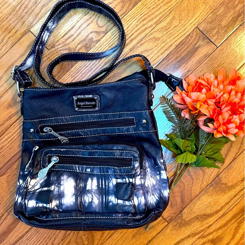 Genuine Leather Angel Barcelo Purse-Navy White Tie Die Crossbody Bag w/ Zipper